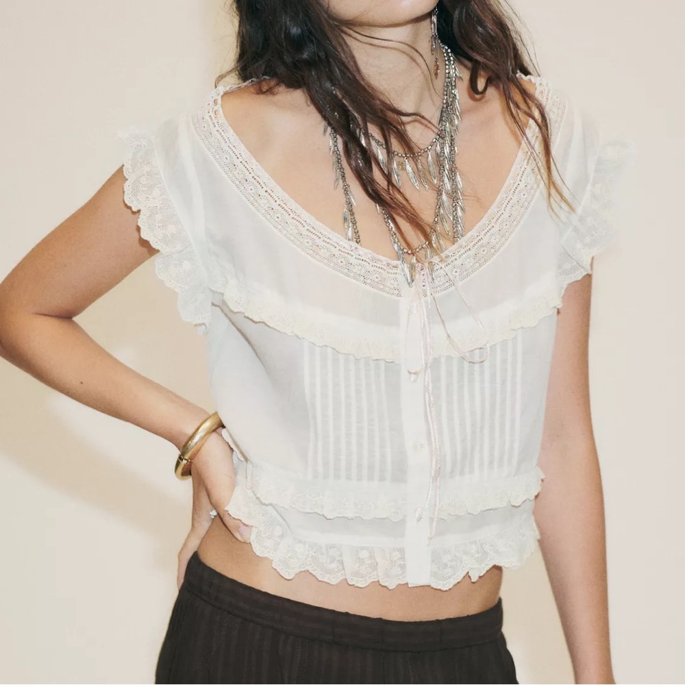 Zara Embroidered Gauze Bow Crop Top